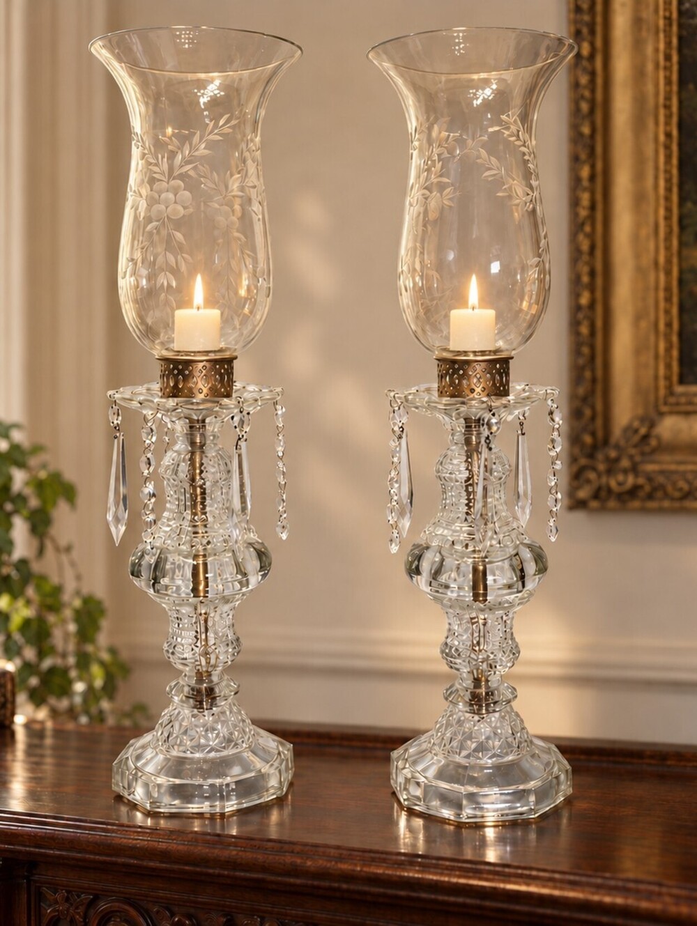 Pair 60's Vtg Glass Hurricane Candle Lamps Etched Grapevine Prisms 19" Mantel
